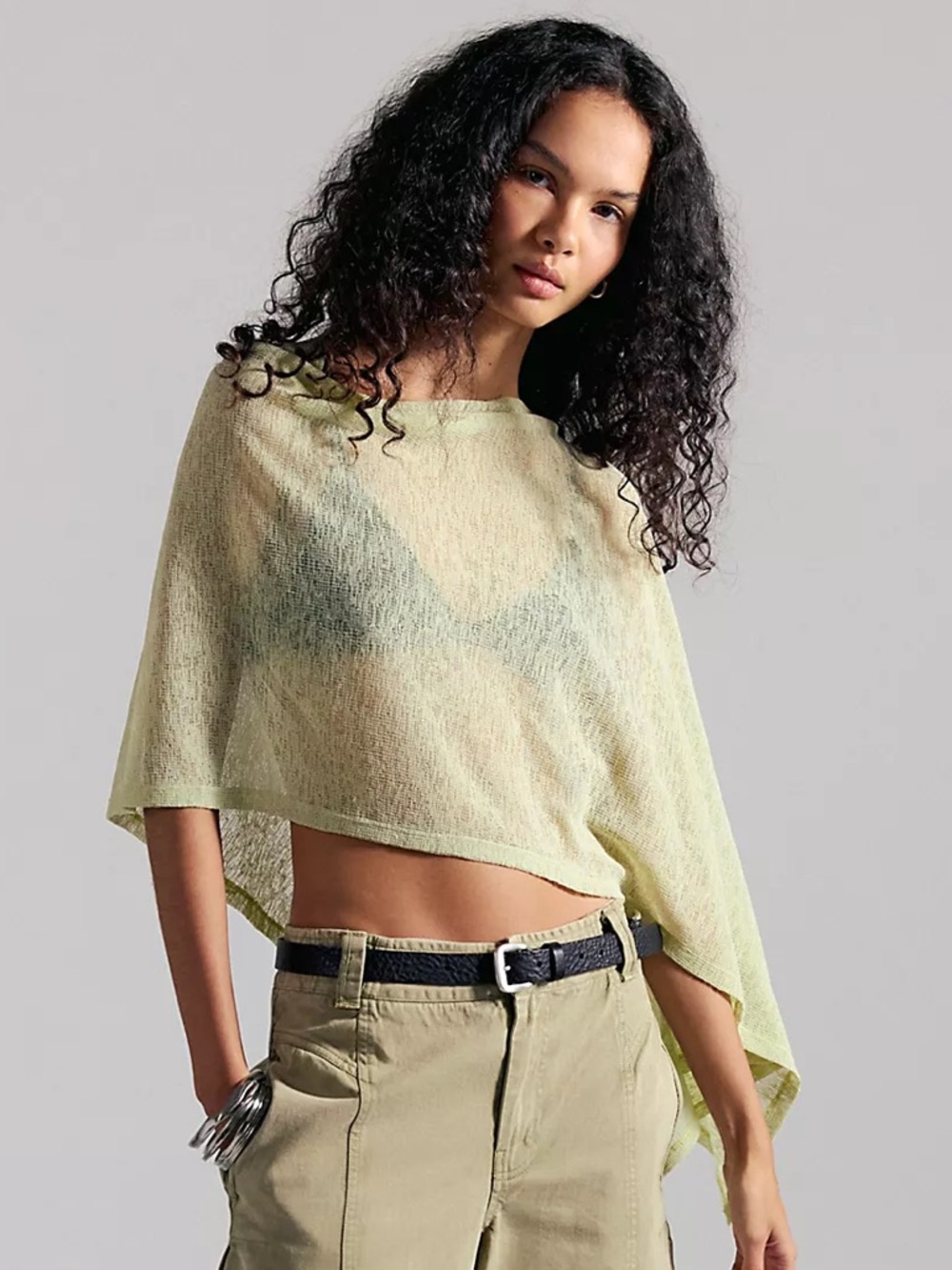 Free People Pale Lime Sheer Cropped Poncho Top